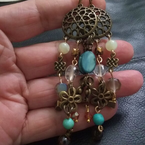 Handmade!!! Extra Long Chandelier Earrings! Loaded w. Beads Crystals Connectors - Picture 5 of 12